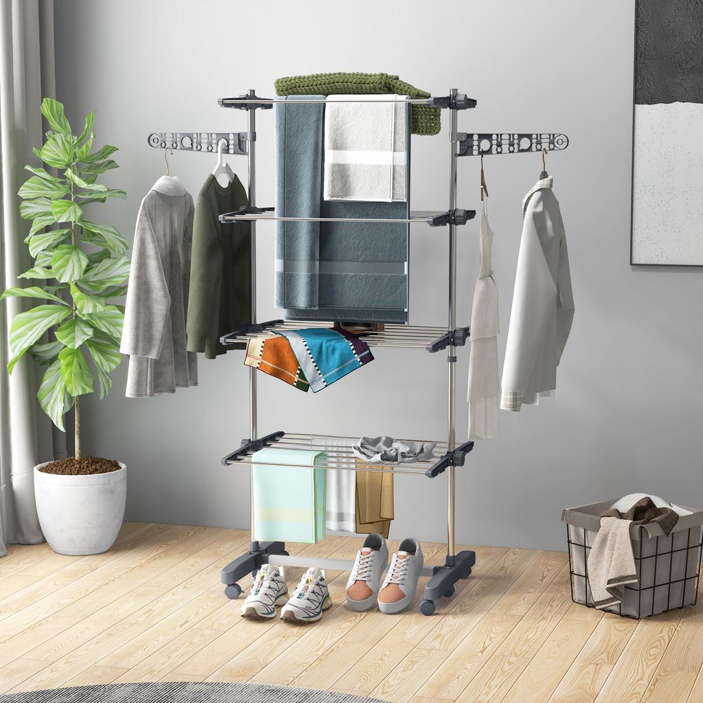 Foldable 5-Tier Clothes Drying Rack with One-Click System, 142x55x172cm, Grey & Silver