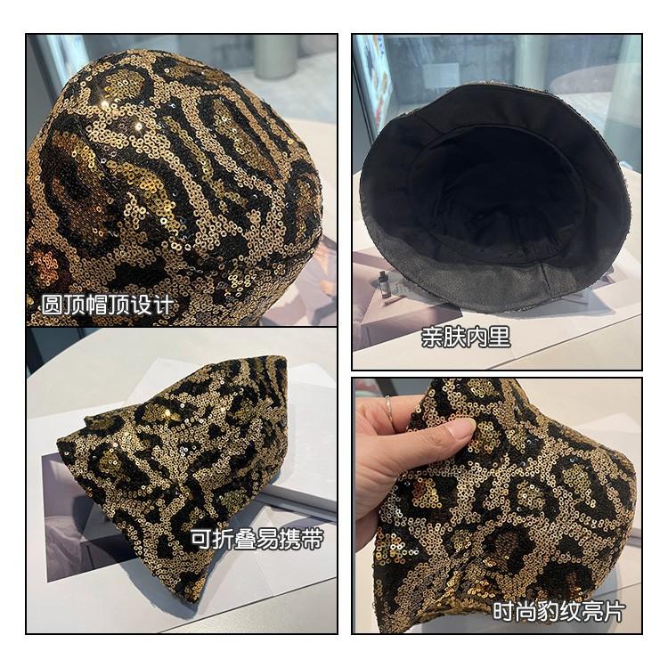Sequined Leopard Print Bucket Hat Spring and Autumn Hat Women's Double-sided Bucket Hat Showing Face Small Sunshade Basin Hat