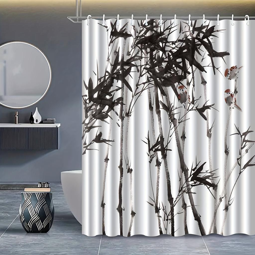 1pc Chinese Zen Ink Bamboo Pattern Shower Curtain, Polyester Fabric, Machine Washable, Suitable for Bathroom Decoration