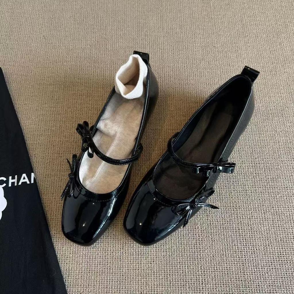 Lambskin~ French single shoes women's flat bow ballet shoes light mouth evening shoes black retro Mary Jane shoes
