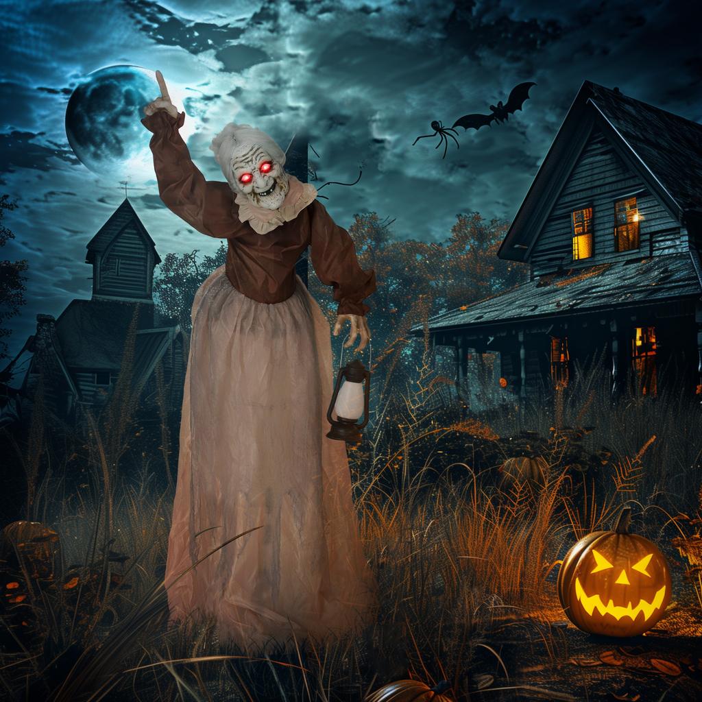 150 Cm Halloween Decoration, Halloween Witch with LED Lights, Sound Function, Adjustable Arms and Head