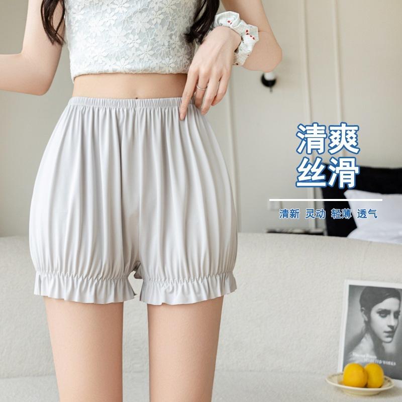 Women's Elastic Waist Shorts Loose Fit Safety Shorts Thin Knit Fabric Solid Color Ruffle Edge Casual Summer Pumpkin Shorts