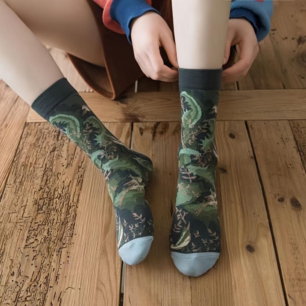 4 Pairs Creative Retro Oil Painting Socks, Comfy & Breathable Mid Tube Socks, Women's Stockings & Hosiery