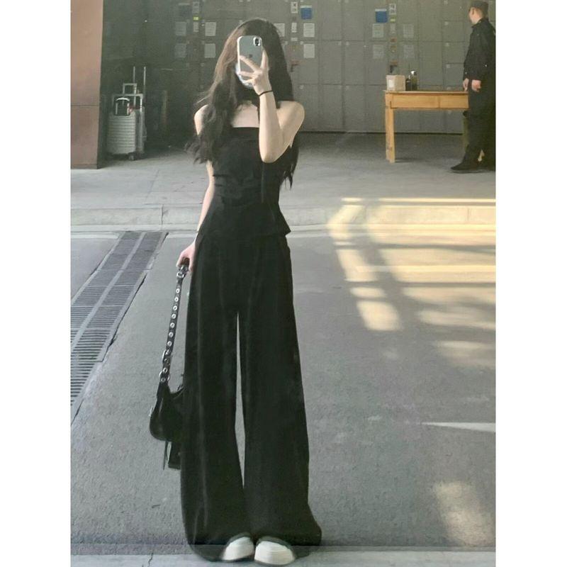 Black Fall and Winter Tube Top High Waist Slim Looking Wear Two-piece Set Black Tube Top XS