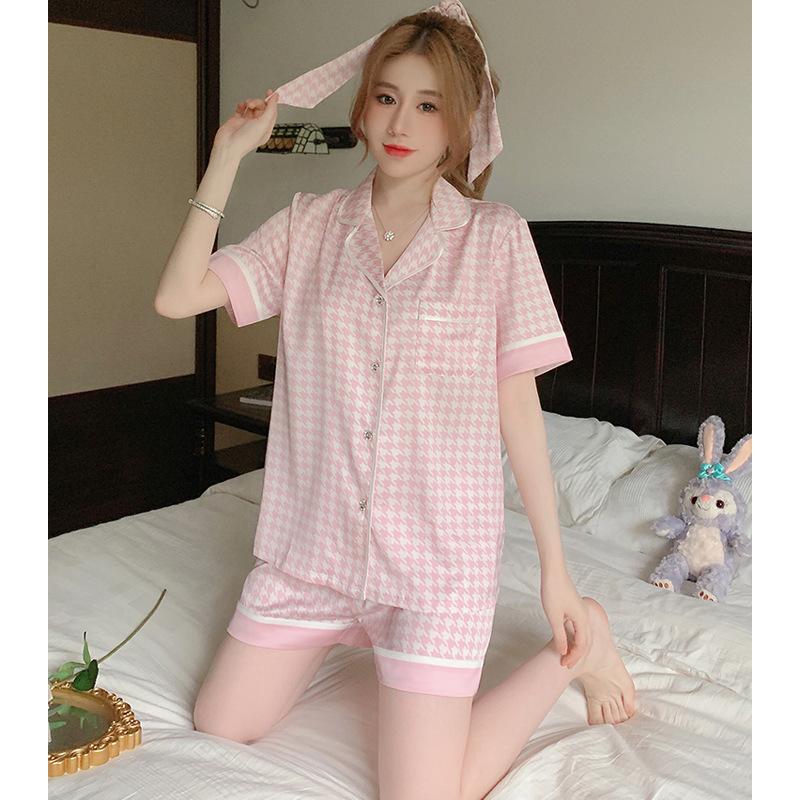Summer New Women's Ice Silk Pajamas Homewear Set Girls Korean Thousand Bird Check Pajamas Leisure Short-Sleeved Shorts