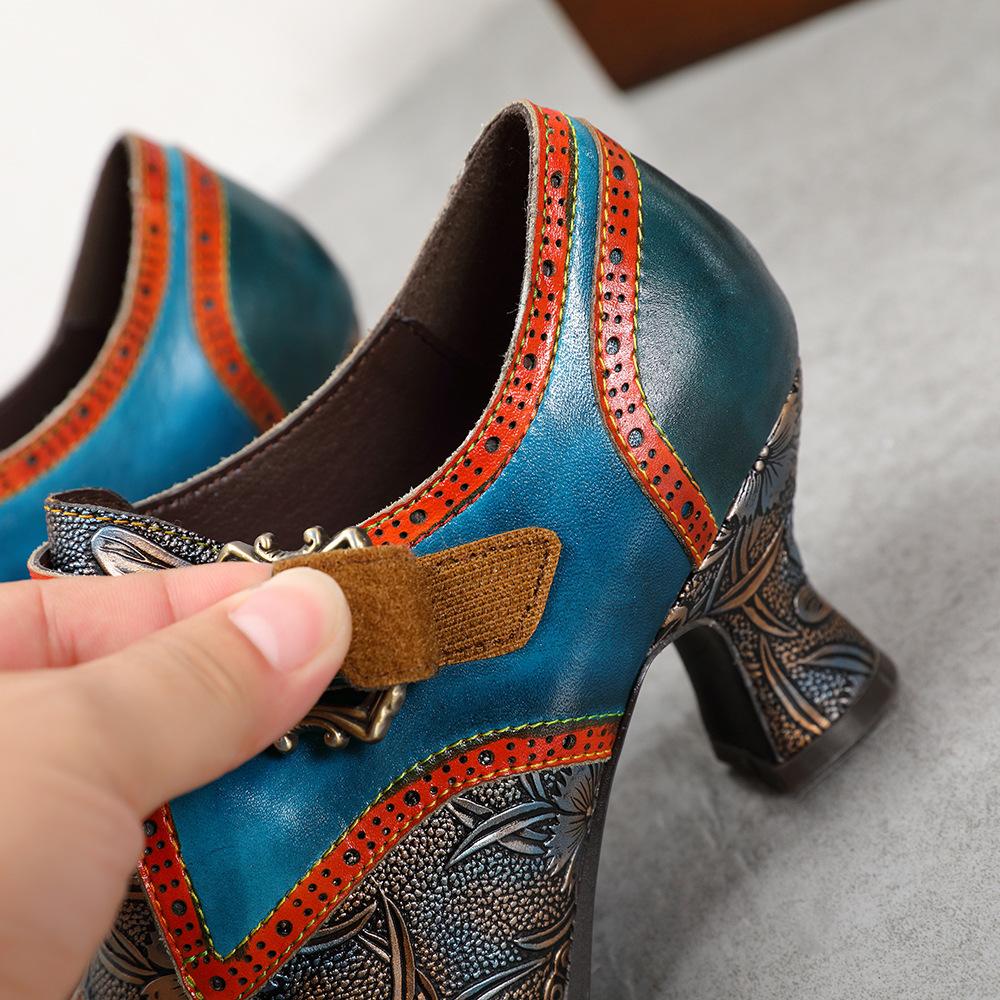 Johnature Damenschuhe, Pumps, High Heels, echtes Leder, spitze Zehen, Retro-Blumenmuster, handgefertigte Damenschuhe