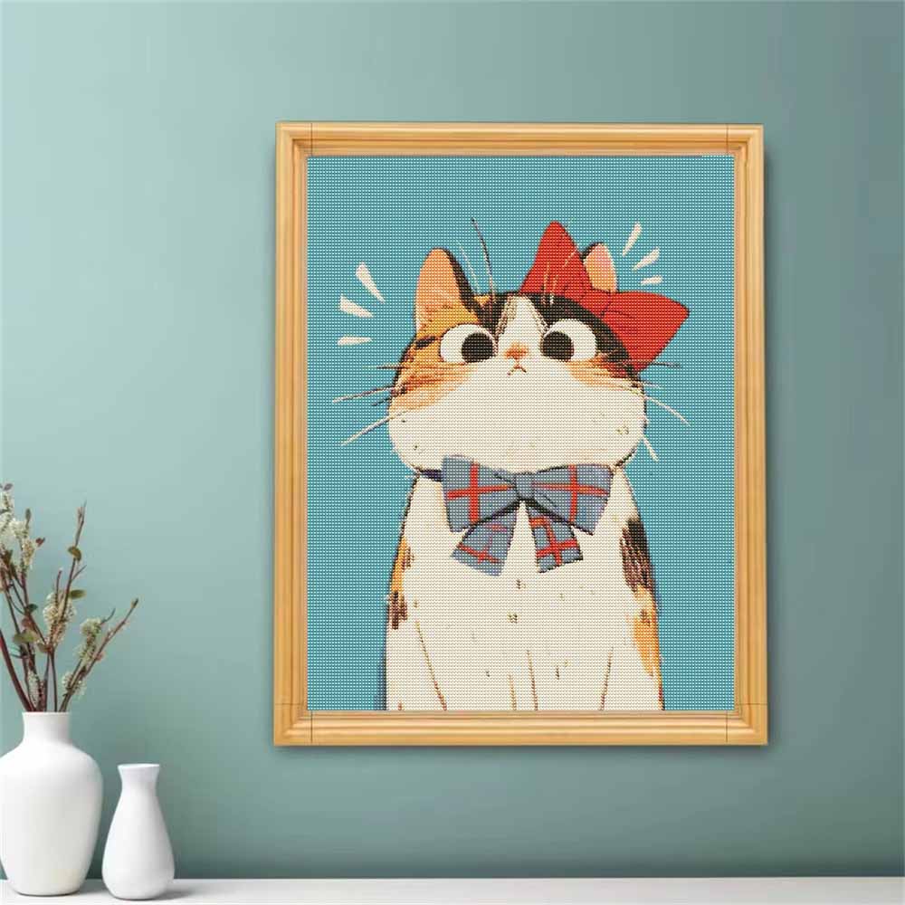 DIY Diamond Art Painting Kit Cute Calico Cat with Red Bowknot 5D Rhinestone Canvas Wall Decor Gift for Craft Lovers Home Room Decoration