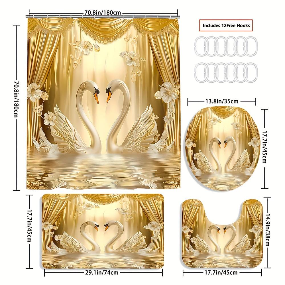 

Romantic Golden Swans Bathroom Set: Includes 12 Free Hooks, Waterproof Curtain, Non-Slip Mat, Toilet Seat Cover, And Bath Rug - W60H190(CM)-1 Pcs