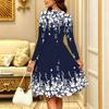 Women Long Sleeve Round Neck Midi Dress Abstract Brush Stroke Floral Print Flared Casual Dress