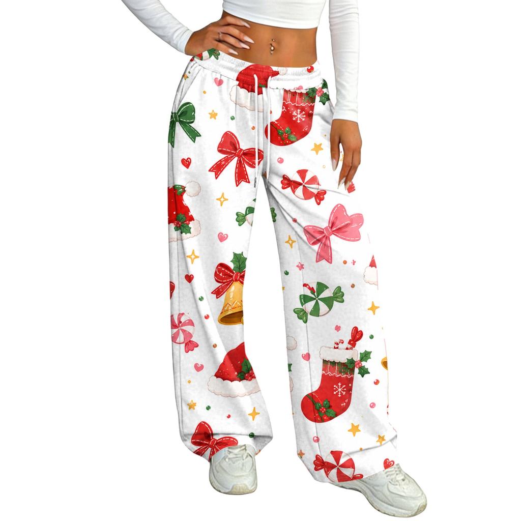 Women's Casual Christmas Print Loose Fit Straight Leg -Lined Pants with Elastic Waist for Winter