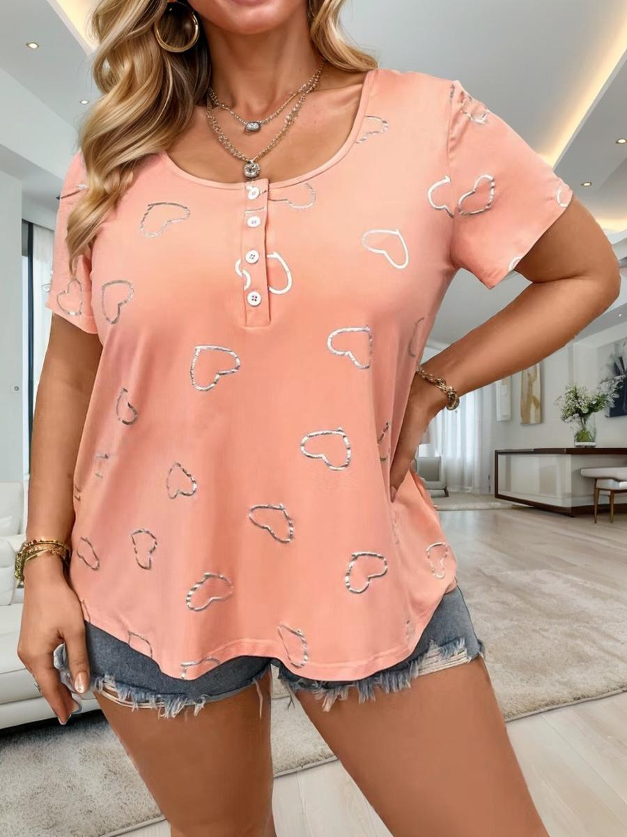 Women s Clothing Round Neck Button Heart Print Short Sleeve Loose T-Shirt S красный