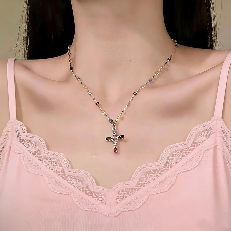 

Sweet Colorful Tassel Zircon Cross Necklaces for Women Girls Trend Double Layered Stacking Pendant Necklaces Jewelry Accessories