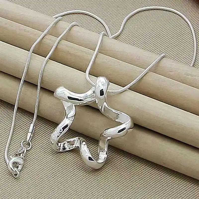 Women's Star Pendant Necklace 925 Silver Plated Wave Texture Snake Chain Jewelry Gift for Birthday Wedding Christmas Party