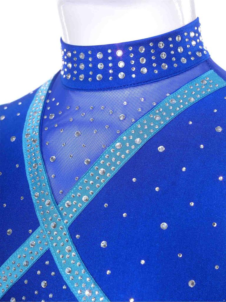 Collant de Dança Feminino Sem Mangas Patchwork de Renda Recorte de Pena nas Costas Brilhantes Strass Color Block