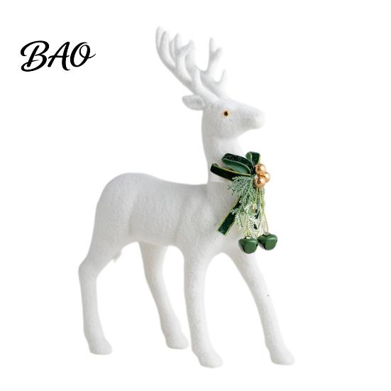 Minimalist White Flocked Ornaments Elk Ornament, Ribbon Bell Decor 3D Standing Deer Indoor Holiday Atmosphere Figurine, Decorative Accents for