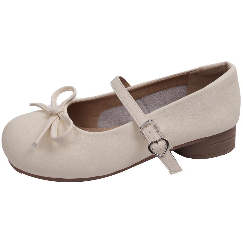 Gentle Round Head Bow Girly Feeling Small Low Heel Temperament Matching Skirt Shallow Mouth Mary Jane Small Leather Shoes Women