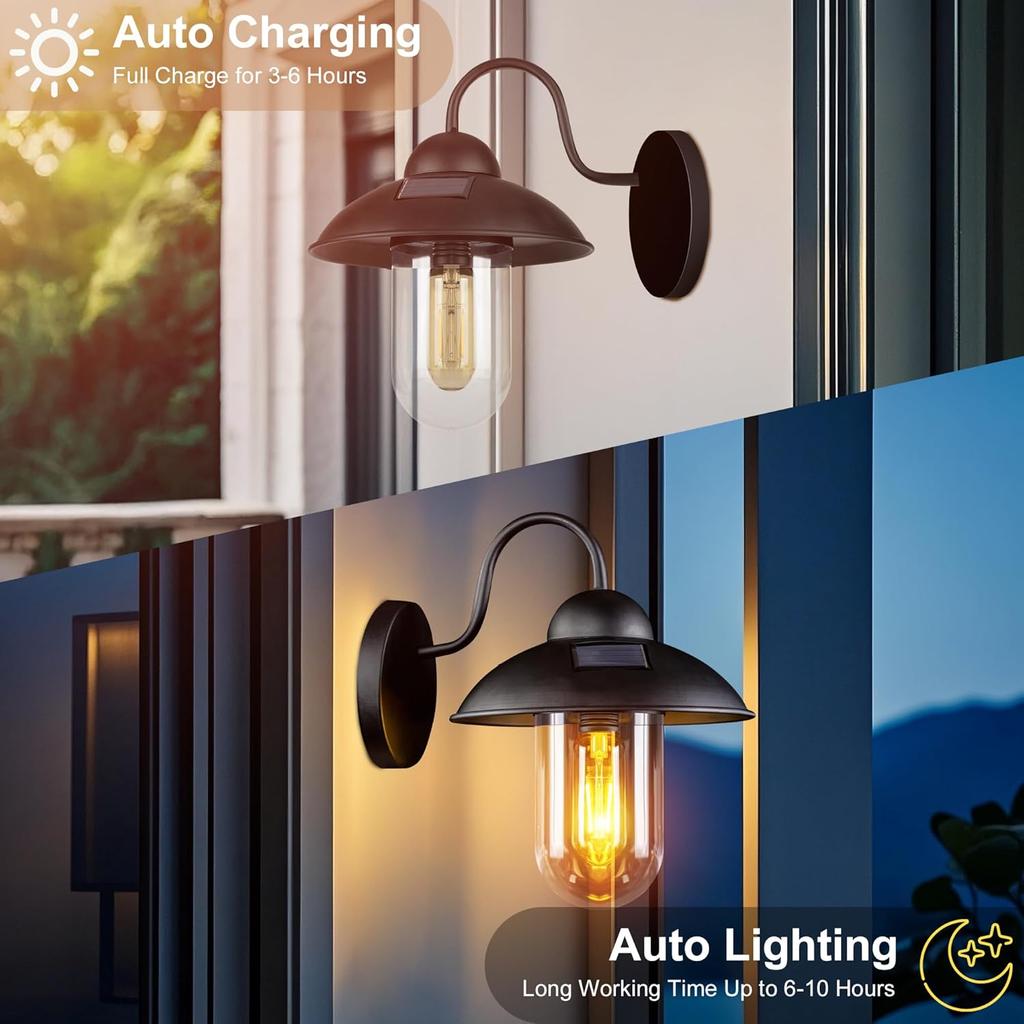 Upgraded Solar Gooseneck Wall Light, Waterproof Outdoor Sconce for Garage, Barn, Patio, Yard, Street
