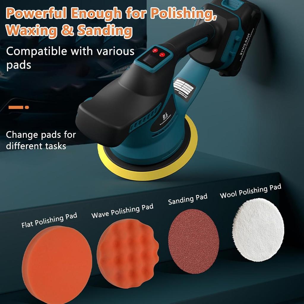 21V Cordless Car Buffer Polisher Kit, 6 Inch Orbital Polisher with 6 Variable Speeds, Brushless Motor, LED Display for Polishing Waxing Sanding