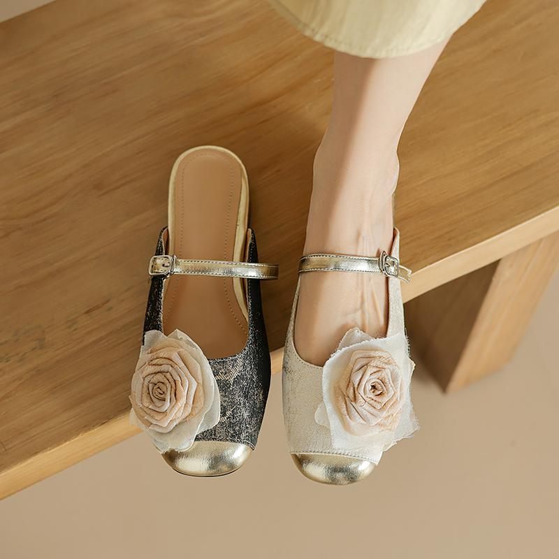 Fashion 2025 NEW Summer Women Mules Leather Shoes for Women Round Toe Low Heel Slippers Cover Toe Slingback Flower Sandals