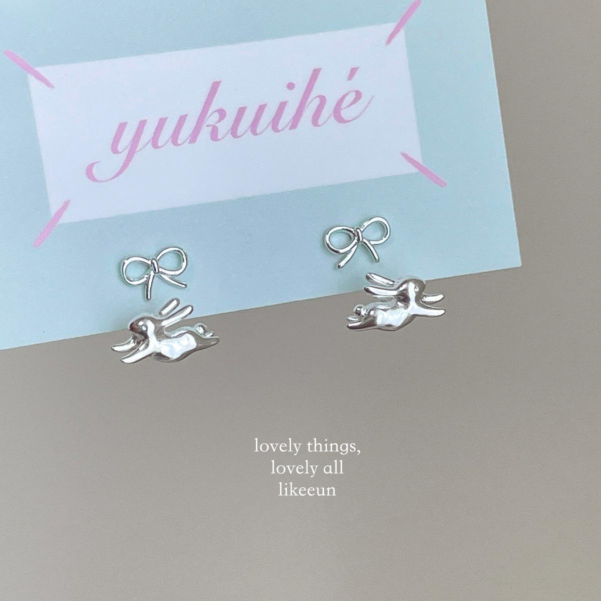 

925 silver needle Mori bow stud earrings female cute childlike fun running rabbit earrings niche high-end earrings 925 silver needles