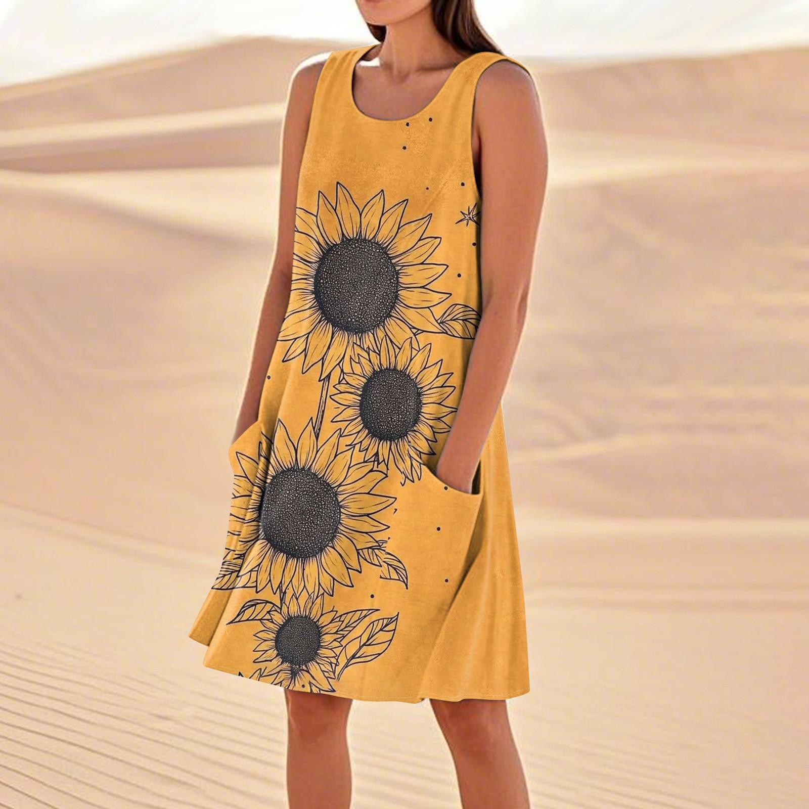 

Летние платья для женщин, свободные пляжные повседневные сарафаны без рукавов с карманами, платье-майка XL жёлтый