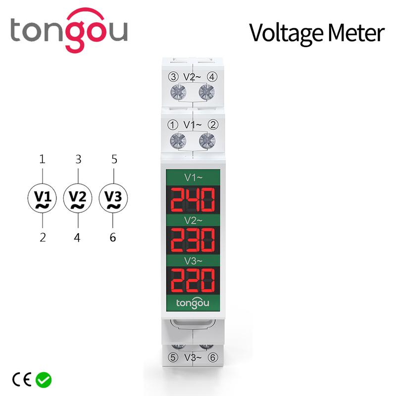 Mini Modular Din Rail Mount Three Phase Voltage Meter with LED Digital Display - Ac 60V-450V Gauge Indicator Detector by TONGOU