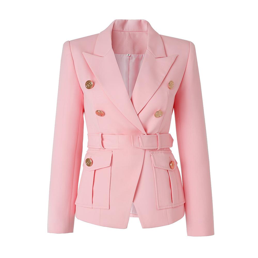 Blazer da Ufficio Stile Classico Bianco Nero da Donna con Tasche e Cintura