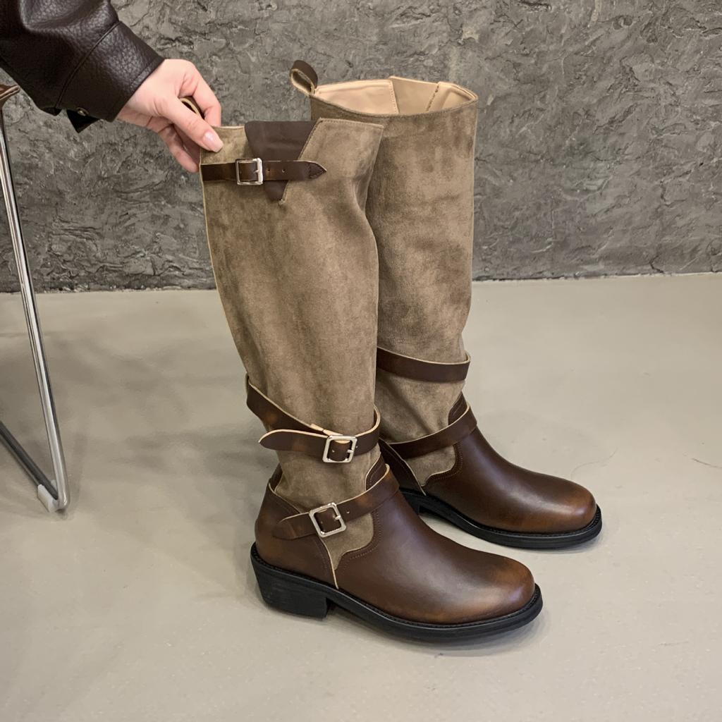 Heavy Knight Boots "retro Old Polished Pleated Boots Women's Autumn Thick Heel Belt Buckle Locomotive Stacking Boots