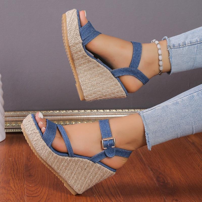 New Summer Women's Wedge Sandals Ultra-high Heel Straw Weave One-Strap Thick Sole Versatile Design