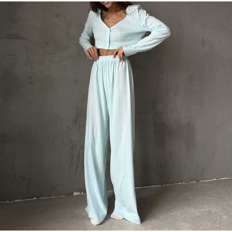 Casual Long Pants Set Woman Spring Summer V-neck Buttons Blouses Full Sleeve Elastic Waist Trousers Sets Female Solid Color Office Lady Suit