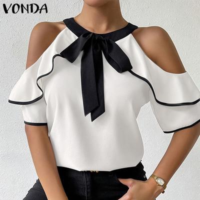 Women Cold Shoulder Ruffled Sleeve Bow Knot Casual Stitching Blouse
