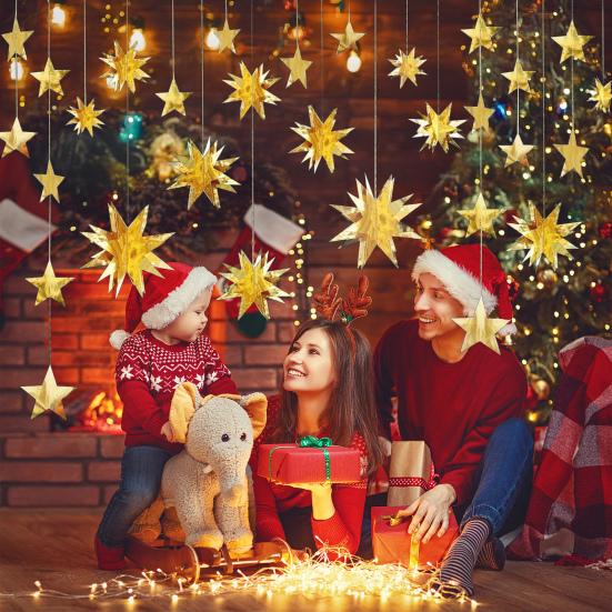 Goldene Weihnachtsgirlande Sternenstreamer 3D Sterne Metallic Papier Hängende Wimpelkette Banner Festliche Feiertagsdekoration