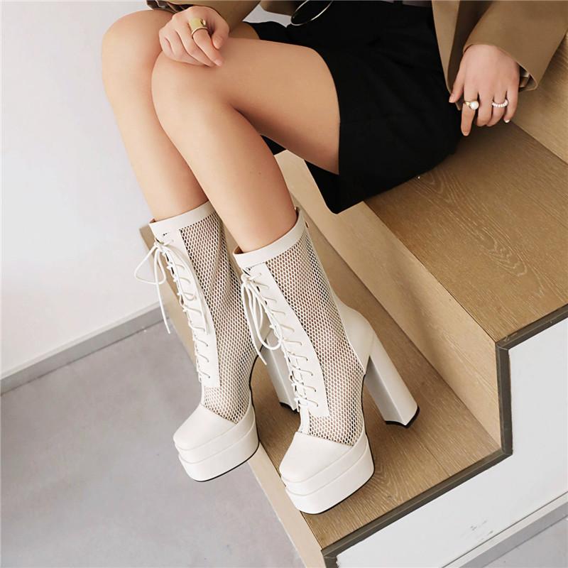 Women's High-heeled Short Boots Sexy European and American Style Waterproof Platform Thick-heeled Large-size Net Boots