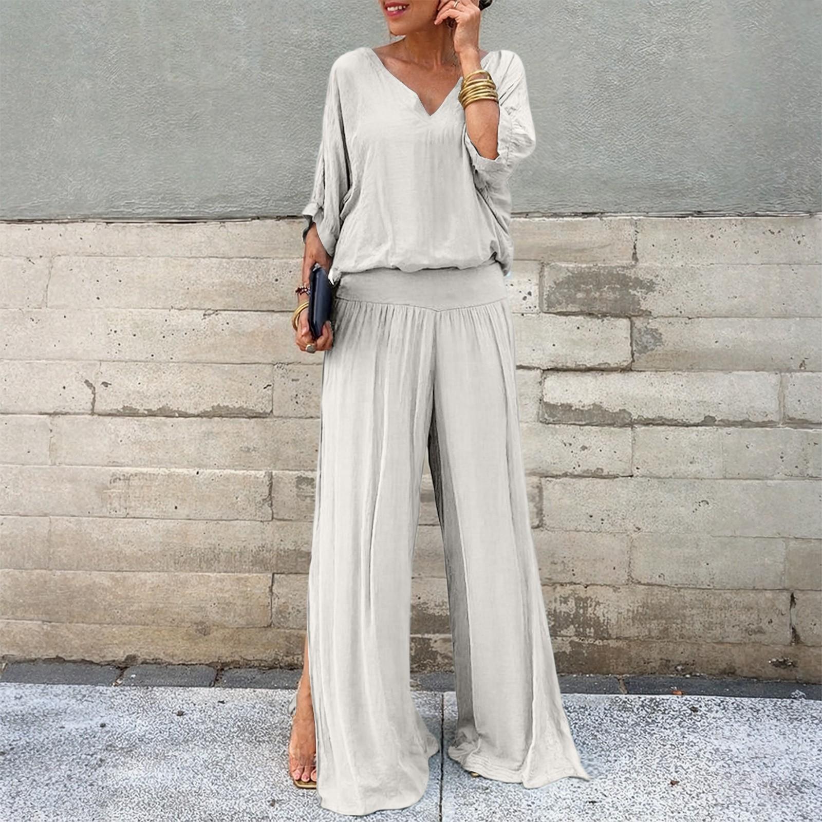 

Женский Свободный Удобный Повседневный Модный Принтованный Шифоновый Комплект из Двух Предметов: Брюки с Коротким Рукавом S белый