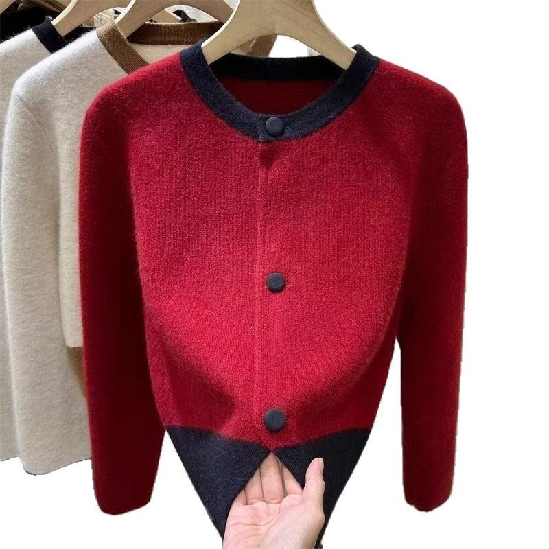 Design Spring and Autumn Sense Niche Contrasting Colors Warm Sweater Cardigan Autumn and Winter Clothing New Crew Neck Lazy Knitted Jacket Top