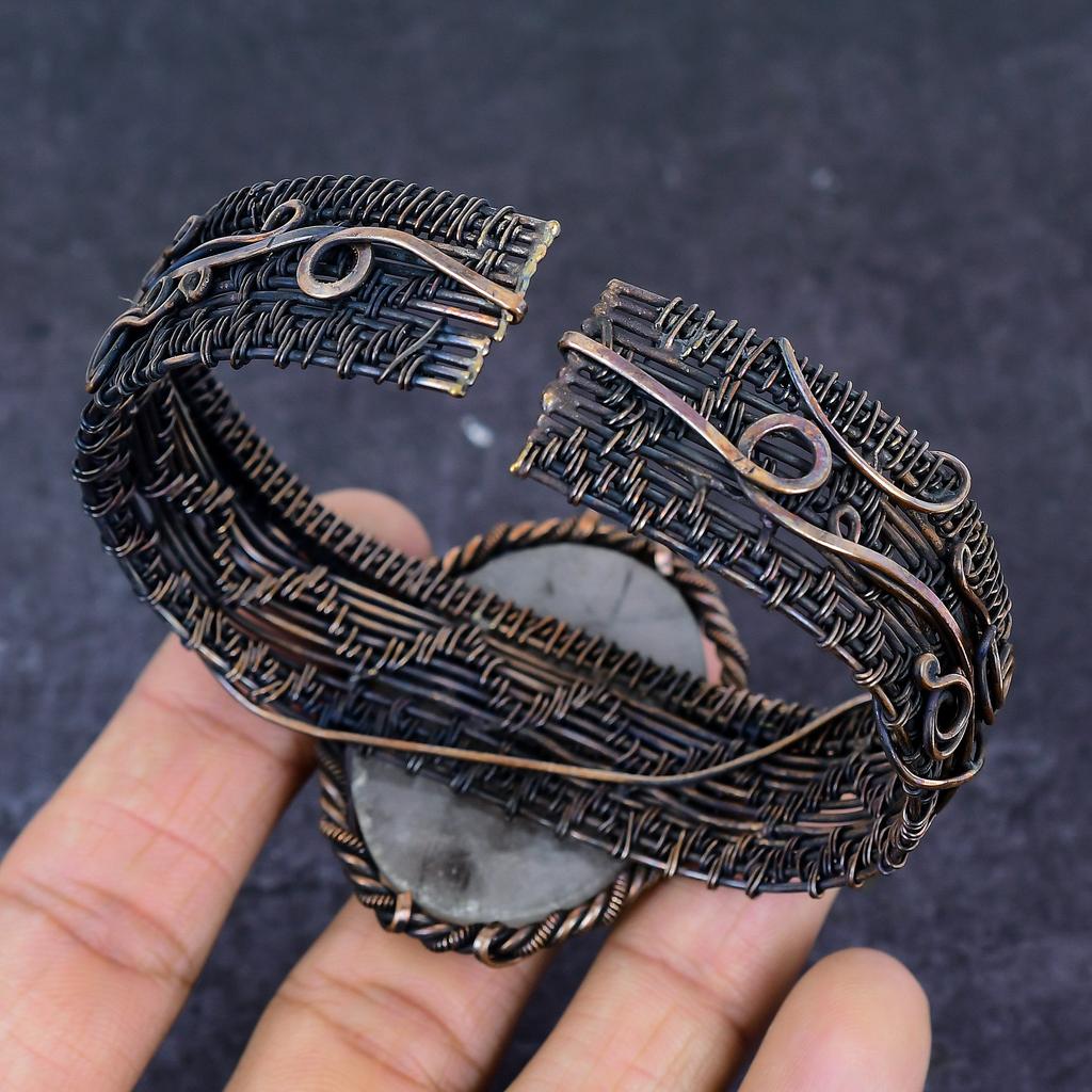 Black Rutile Gemstone Copper Wire Wrap Cuff Bangle Adjustable