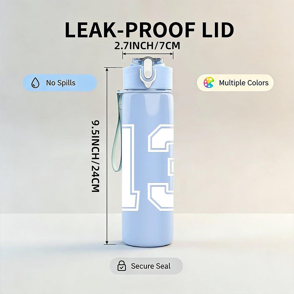 1PC Number Thirteen White Pattern 750ml Color Plastic Sports Water Bottle Leakproof Flip Straw Lid Suitable for Sports Office Home Use