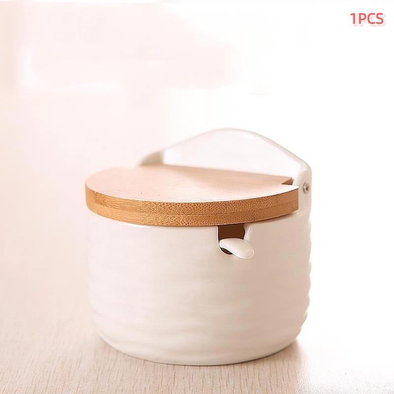 Simple Ceramic Seasoning Jar Bamboo Lid Spice Jar With Spoon Kitchen Sugar Salt Spices Storage Box Household Container