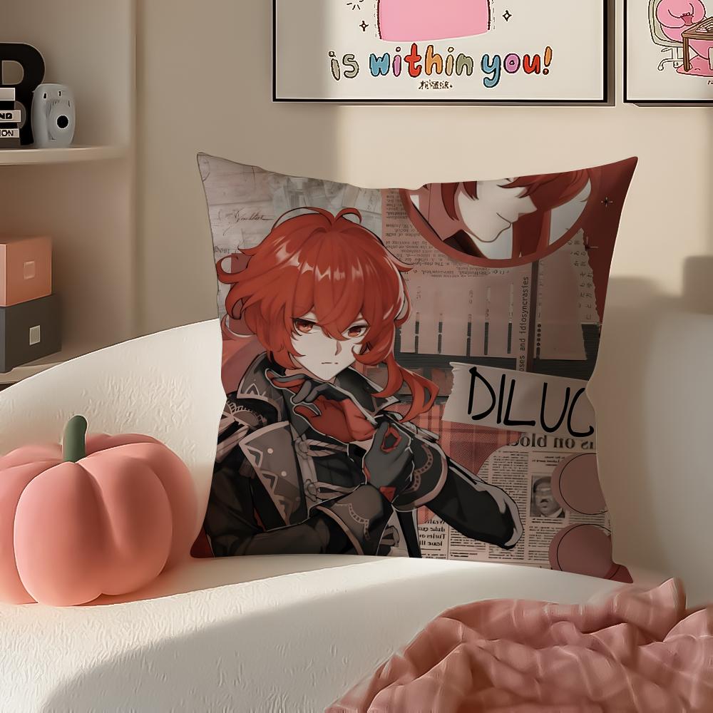 Game Genshin Diluc Cushion Cover Pillowcase Short Plush Invisible zipper Room Sofa Cushion Cover