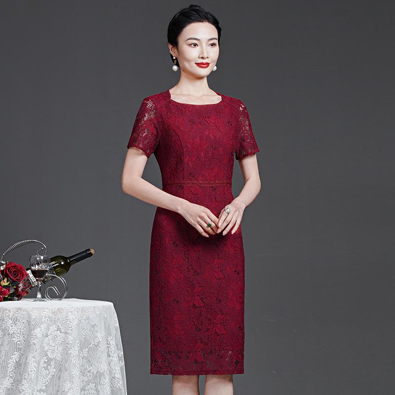 Summer 2023 Wine Red Lace Dress with Seven-Sleeve for Elegant Young Mothers