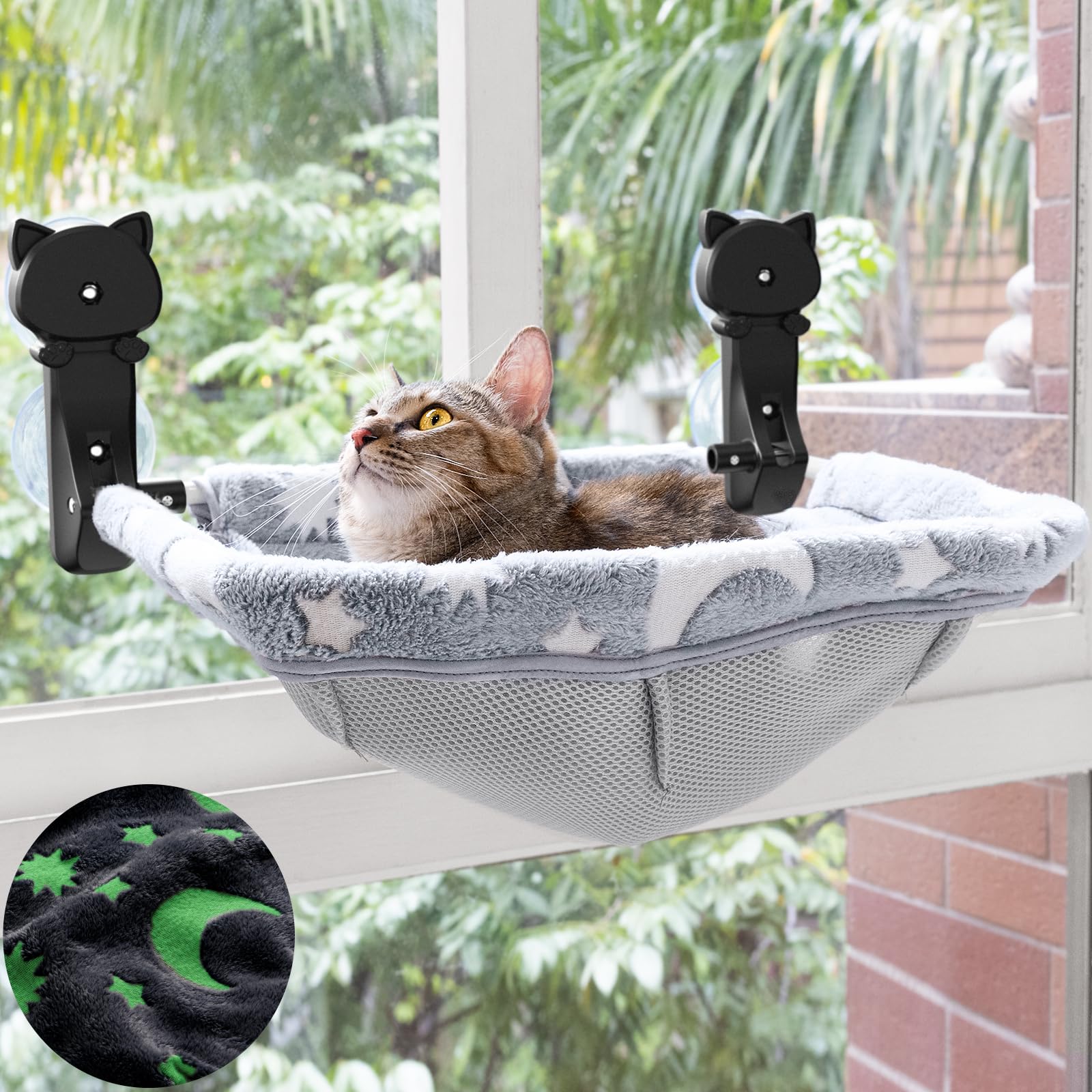 

JUSNPOW cat window perch cordless is suitable for cats to sunbathe and The folding bed has a glow in the dark function and is Hammock is also сірий колір