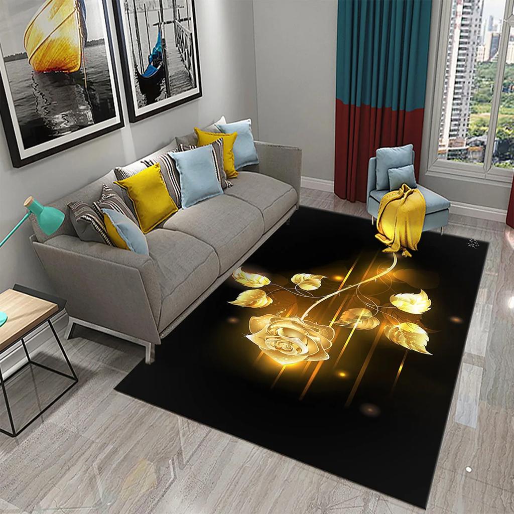 3D Black Golden Luxury Carpet for Living Room Bedroom Bedside Rugs European Style Hallway Decor Carpets Bathroom Non-slip Rugs