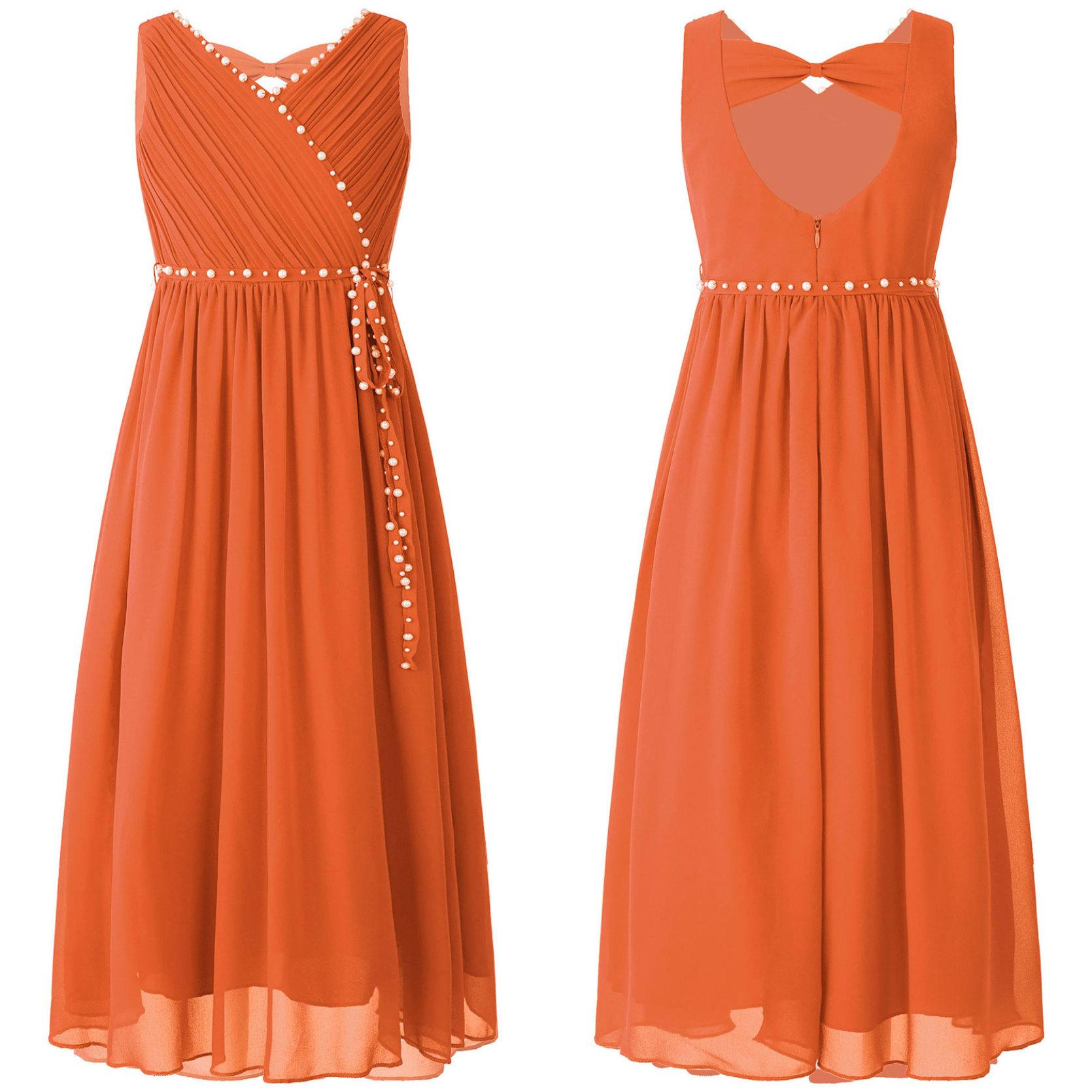 

Детское летнее платье для девочек на свадьбу, день рождения, шифоновое платье без рукавов со складками и бисером, платье макси для подружки невесты 15-16 Years оранжевый