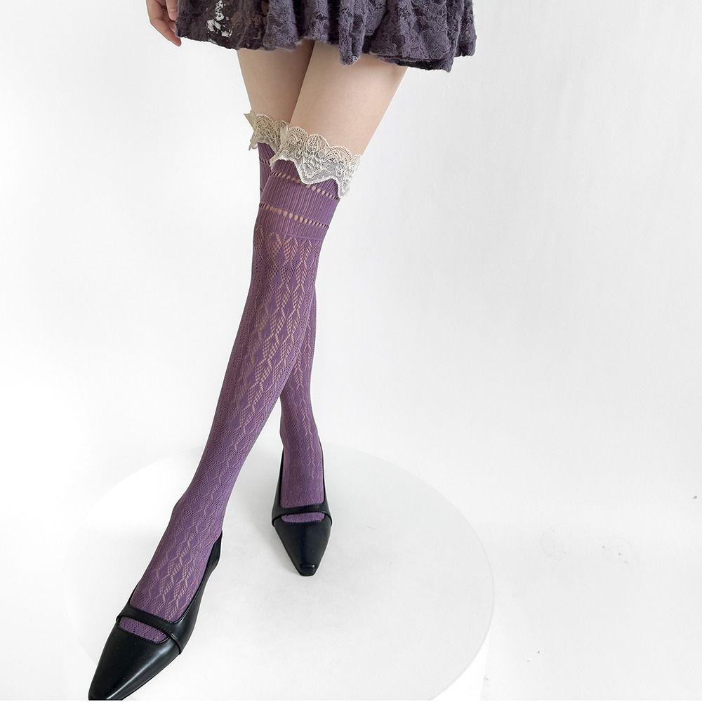 Kawaii Lace Trim Knee-high Socks Breathable Hollow Out Calf Socks Odor-resistant Soft Boot Socks Fall Winter