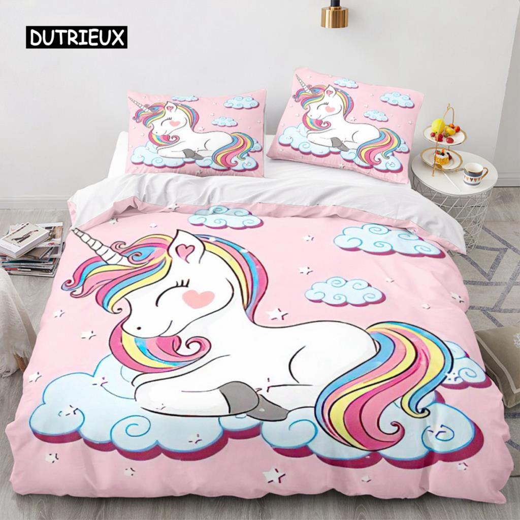 Çizgi Film Tek Boynuzlu At Nevresim Gökkuşağı Yatak Takımı At Mikrofiber Yorgan Kılıfı Çocuklar Kızlar Doğum Günü Hediyeleri Oda Dekoru