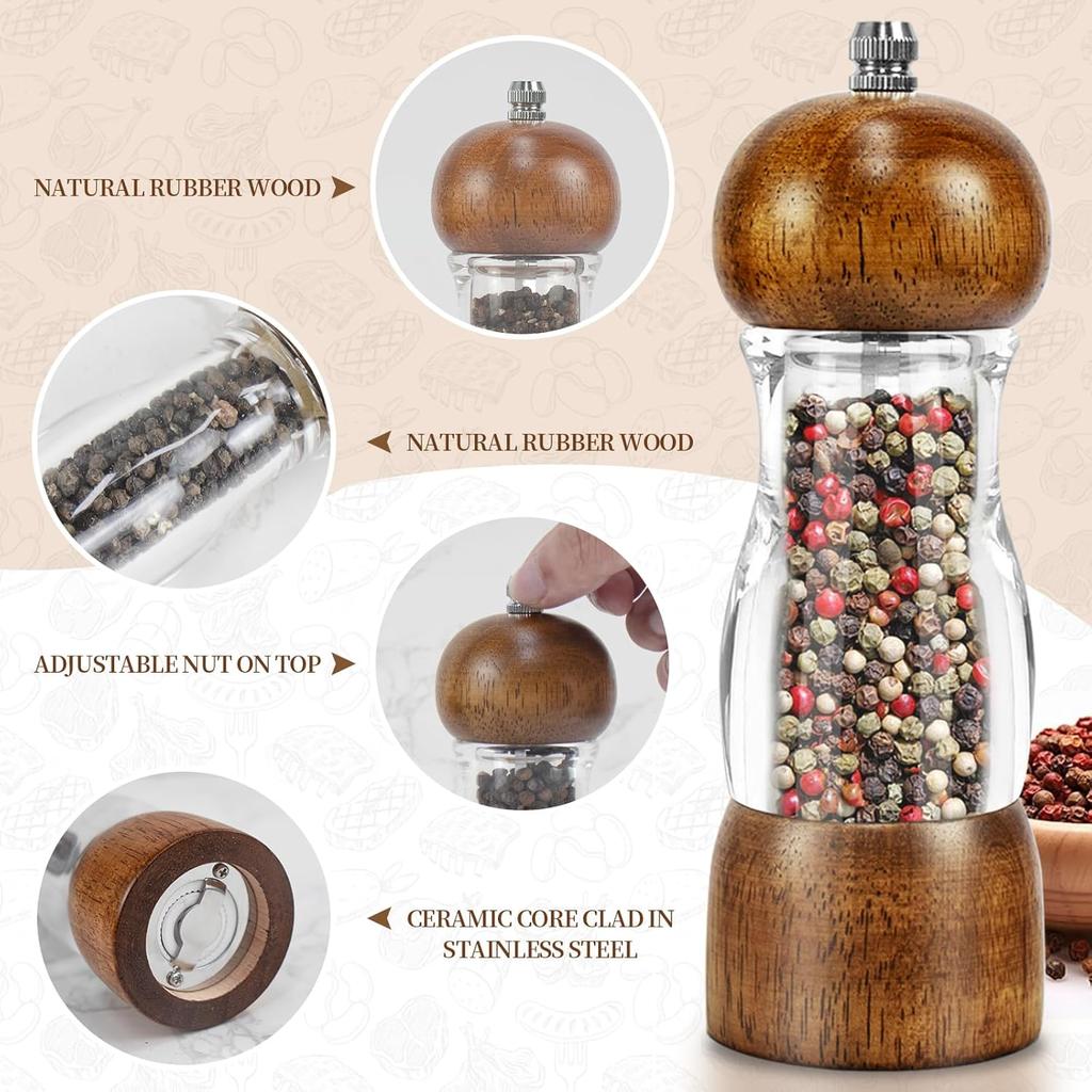 2 Pack Salt and Pepper Grinder Set, 6.7" Acrylic Salt and Pepper Mill Set with Adjustable Coarseness, Wooden Pepper Grinders Manual Slat Shakers