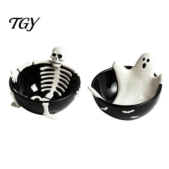 Decorative Serving Tray Halloween Skeleton Lounging Tidbit Serveware, 3D Relief Resin Candy Bowl for Skull Party Platter Snacks Dips, Creative