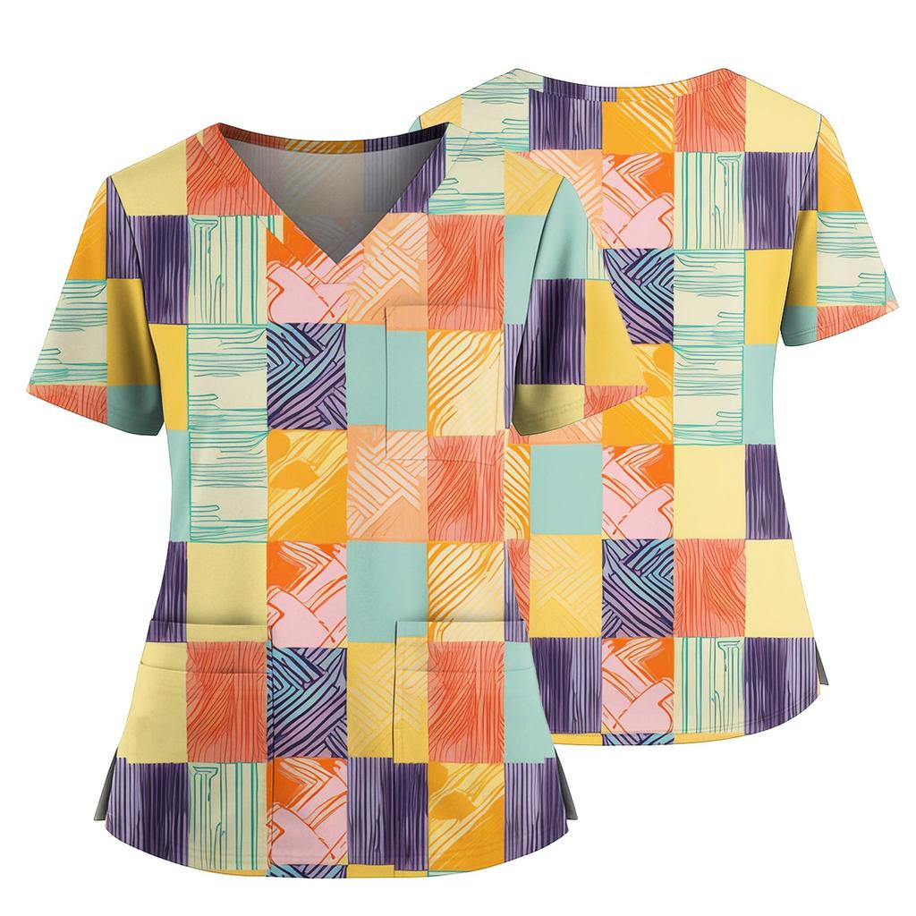 Women's Casual Printed V-Neck Pocket Side Slit Short Sleeved Top Short Sleeved Top