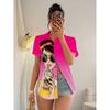 Womens Loose Fit Short Sleeve Printed Shirt Casual Vacation Style Collared Open Front Top
