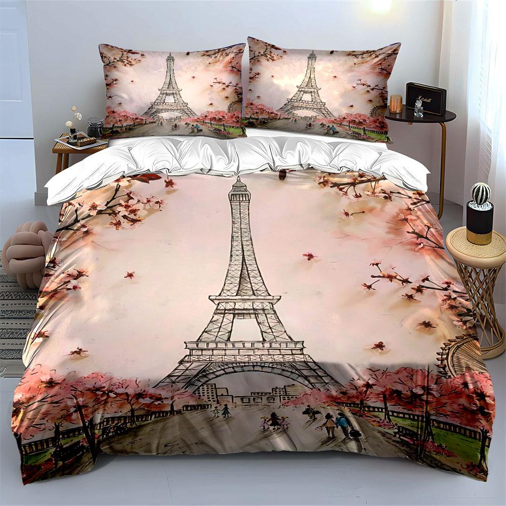 Eiffel Tower Floral Bedding Set Bedding Duvet Cover Set Duvet Cover Pillowcases (1 * Duvet Cover 2 * Pillowcases, without duvet insert)